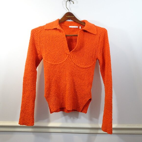 Helmut Lang Orange Sweater V-Neck Collared Bodycon Nubby Size S Textured Sexy - Picture 1 of 8
